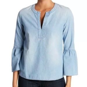J. Crew Chambray Split Neckline 3/4 Bell Sleeve Top